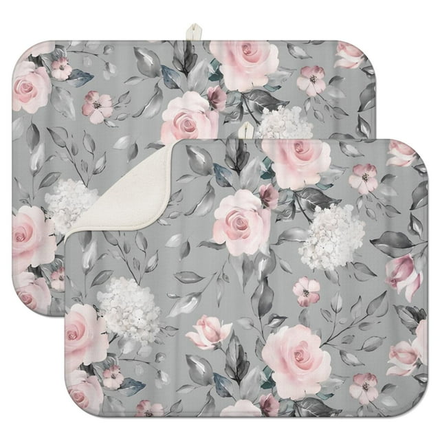 2pcs flower Print Kitchen Drying Mat Set, Super Absorbent Microfiber ...