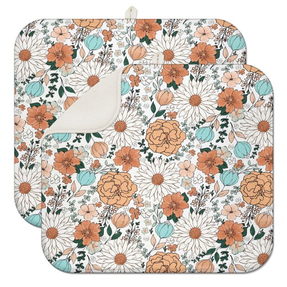 2pcs flower Print Kitchen Drying Mat Set, Super Absorbent Microfiber Dish Drying Pad with Wildflower & Floral Design, Heat Resistant Countertop Mat for Dishes, Gift for Home Cooks