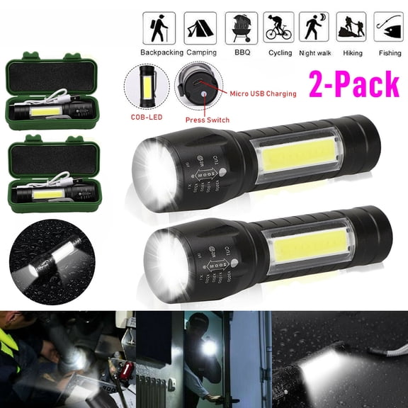 2pcs mini zoomable LED flashlight USB rechargeable COB work light aluminum alloy 3 modes pocket torch for camping hiking cycling fishing car emergency blackout home repair gift for dog walking kit