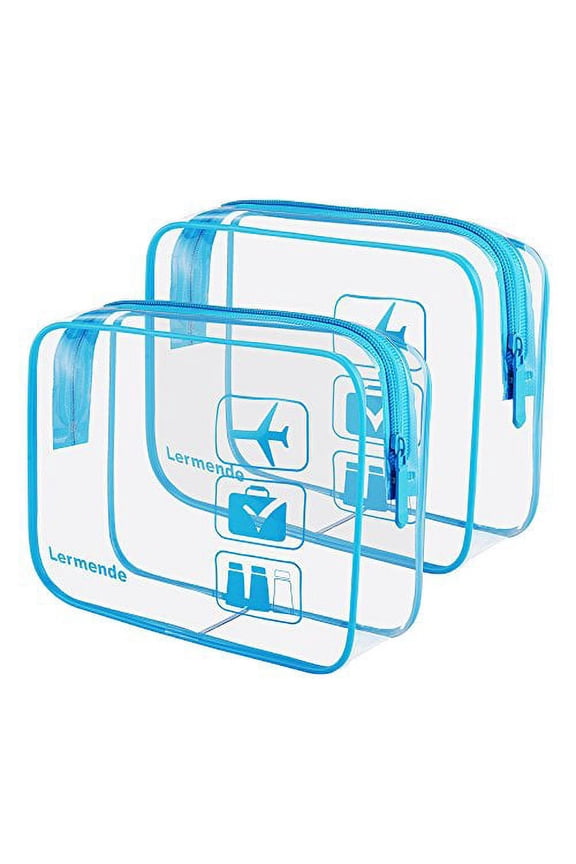 2pcs/pack Lermende Clear Toiletry Bag, Clear Makeup Bag for Women & TSA Approved Toiletry Bag Travel Carry On Airport Airline Quart Sized Clear Cosmetic Bag - Blue