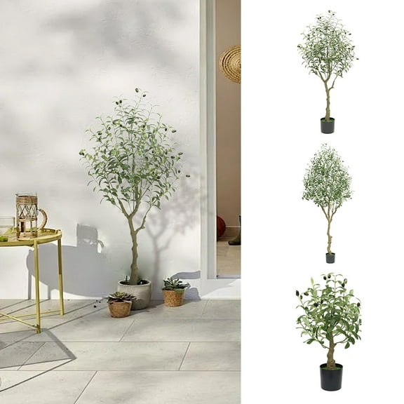 2pcs/set Artificial Olive Tree, 1.9/3.9/4.9FT Tall Faux Olive Tree with Black Planter, Artificial Plants with Natural Wood Trunk and Lifelike Fruits for Home Office Decor（Decorative flower pots not in
