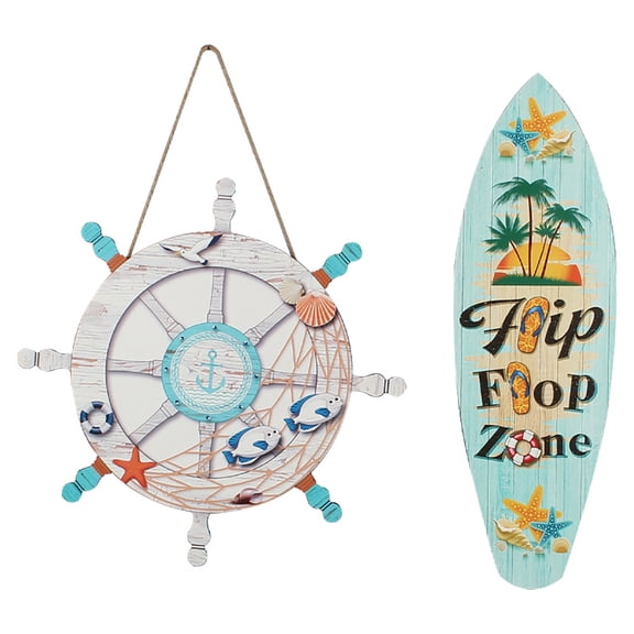 2pcs/set Creative Wooden Surfboard Wooden Sign Ocean Steering Wheel Decorative Wall Hanging Summer Home Wooden Frame Decorative Wall Decoration