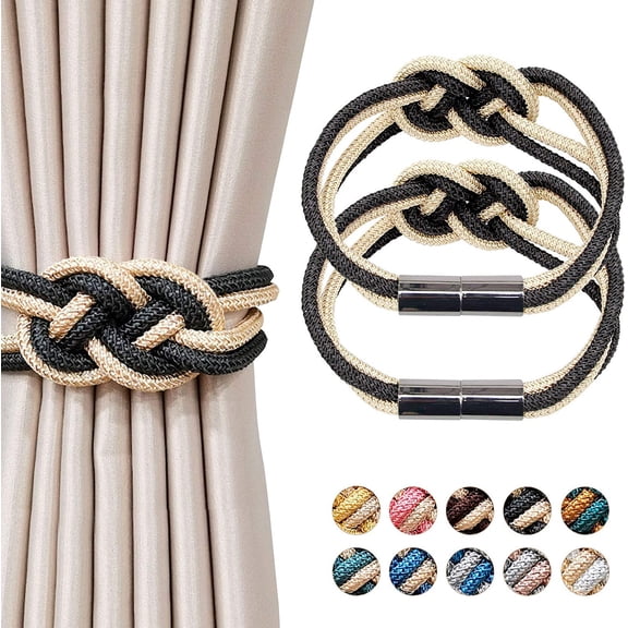 2 Pieces Magnetic Curtain Tiebacks 2 Colors Braided Curtain Tie Back for Drape Heavy Duty Handmade Woven Rope Cord with Large Knot Cross Holdback Band for Home Office