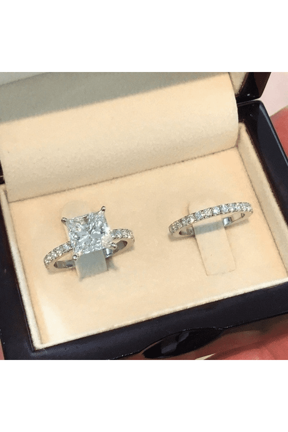 2pcs/set Women Princess Couple Rings Silver Color Square Cut Zircon Ring Sets Cubic Zirconia Bridal Wedding Jewelry