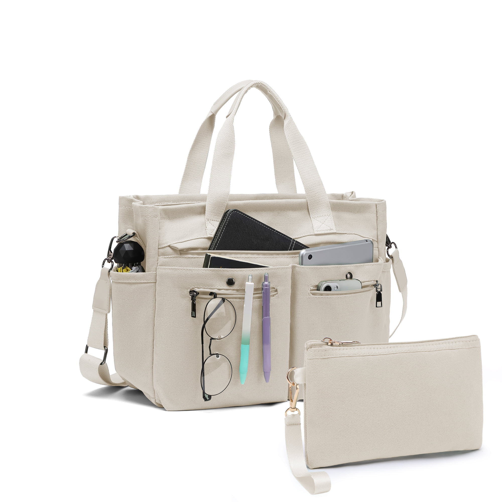 2pcs/set Women'S Large Canvas Tote Bag - Multi-Pocket Laptop Work Bag, Crossbody Shoulder Hobo Messenger Handbag, Purse for Travel, Gym, and Everyday Use