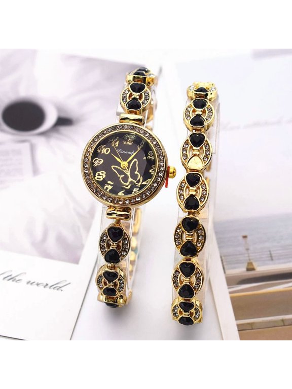 2pcs/set Women’s Butterfly Dial Quartz Watch Set, Luxury Heart-Shaped Rhinestone Alloy Wrist Watch & Decorative Bracelet , Fashion Party Accessory