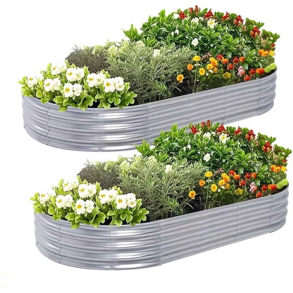 2pcs sliver Galvanized Raised Garden Bed Kit, Garden Planting, Outdoor Galvanized Flowerpot Garden Box, Round and Oval Large Metal Vegetable Box.