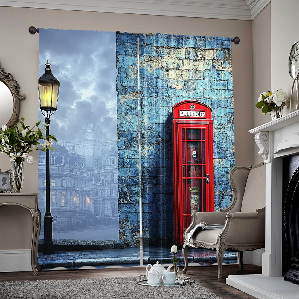 2pcs spring Curtains Vintage landscape brick wall and British ph box