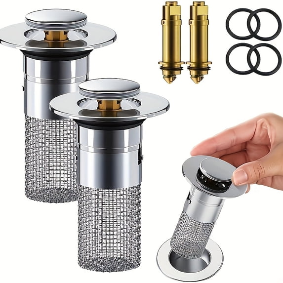 2pcs stainless steel pop-up bathroom sink stoppers with hair filters and drainage sieve suitable for 1.1 to 1.29 inch drainswith removable and easy-to-clean baskets to prevent clogs and jewelry loss