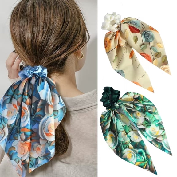 2 Pack Floral Satin Bow Scarf Scrunchies, Elastic Hair Tie Hair Accessories for Women