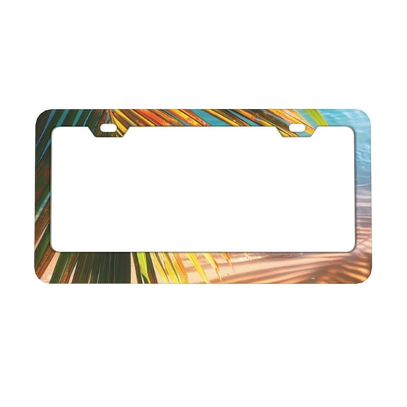 2piece License Plate Frame Metal Car Accessories License Plate Cover Fits Standard U.S. Vehicles 12.3x 6.3 Inches Beach Palm Leaf (3) (1)