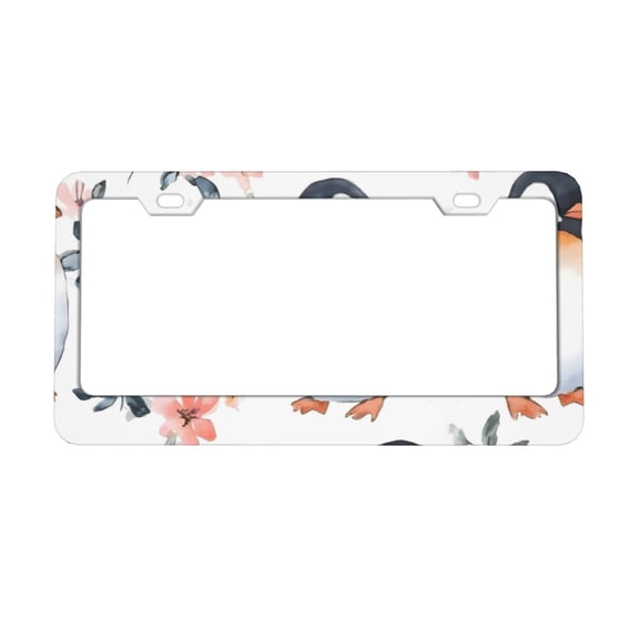 2piece License Plate Frame Metal Car Accessories License Plate Cover Fits Standard U.S. Vehicles 12.3x 6.3 Inches Penguins And Flowers (3)