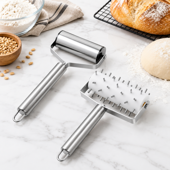 2pizza Dough Roller & Docker Kit Stainless Steel Rolling Pin