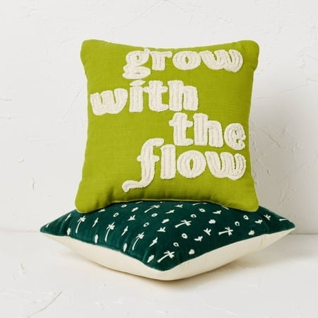 Set of 2 Green Cotton Embroidered Square Pillows