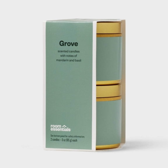 2pk 3oz Tin Gift Set Grove - Room Essentials: Soy Wax Blend Candles, Mandarin Basil Scent, Housewarming Gift