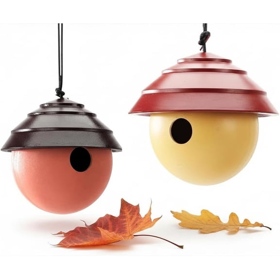 2pk Composite Clay Bird House for Outside, Water Proof Hanging Birdhouse. Squirrel Proof Mordern Design Style Nest Box. 1.1" Hole Size for Wrens and Chickadees. (Brick&Yellow)
