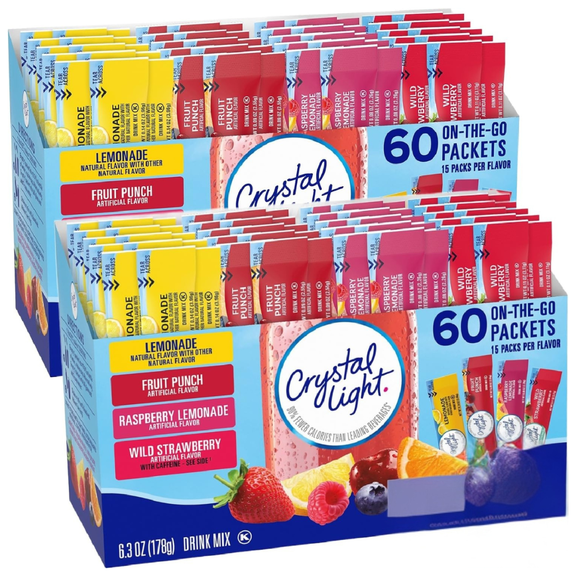 2pk Crystal Light Zero Sugar Drink Mix Variety Pack (120 Packets), Wild Strawberry, Fruit Punch, Raspberry Lemonade, Lemonade