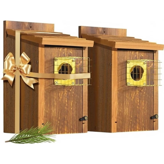 CEDAR ALPHA 2pk Bird House for Outdoor - Bluebird Houses for Outside with Perch, Mesh Base & Brass Guard