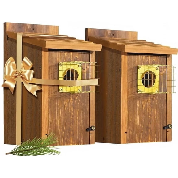 CEDAR ALPHA 2pk Bird House for Outdoor - Bluebird Houses for Outside with Perch, Mesh Base & Brass Guard
