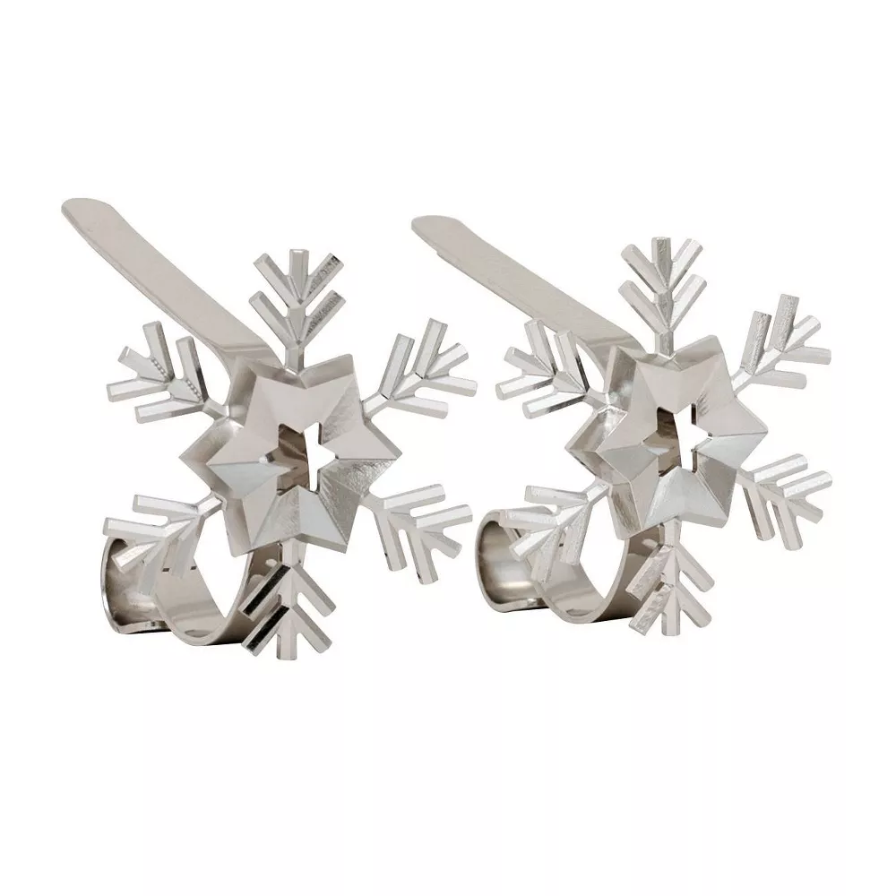 Silver Snowflake Zinc Alloy MantleClip Stocking Holders, 2-Pack