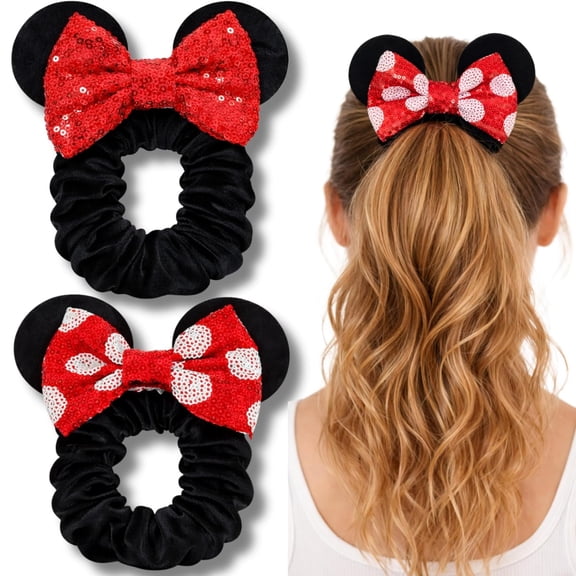 2pk Mouse Ear Scrunchies for Kids Velvet Hair Bow Scrunchies for Women - Sparkle Sequins Mouse Hair Bands for Pony Tail (Red Black)