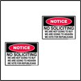 thumbnail image 1 of 2pk Notice No Soliciting We Vote Republican Black Red White Rectangle Funny Hard Hat Comedy Laughing Label Sticker Decal Made in America 2.50" x 1.75", 1 of 1