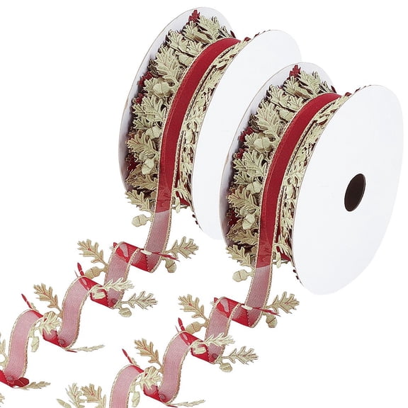 2rolls 22 Yards/20m Red Green Leaf Trim Ribbon 2 Roll 38mm Flat Polyester Ribbons Double Leaves Lace Trim Garland Wreath Trim Ribbon for Christmas Tree Party Wedding Decoration