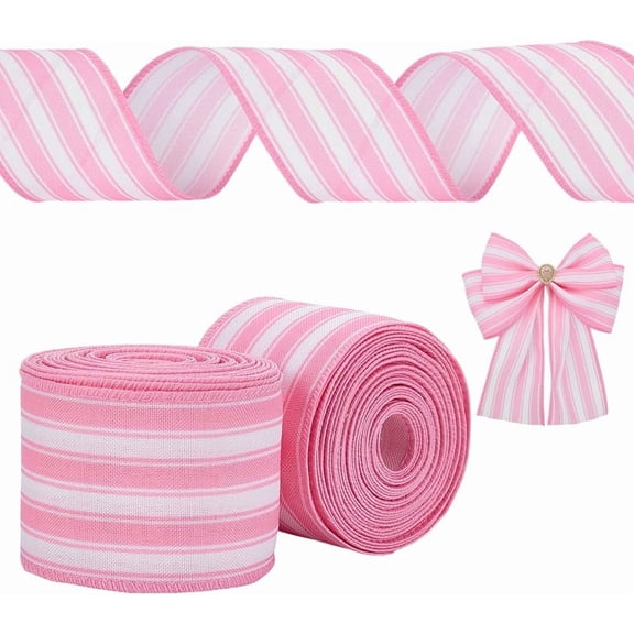 2rolls Burlap Ribbons Stripe with Iron Edge Pink 2-1/2 inch(63mm) 5.00 Yards(4.57m)/Roll