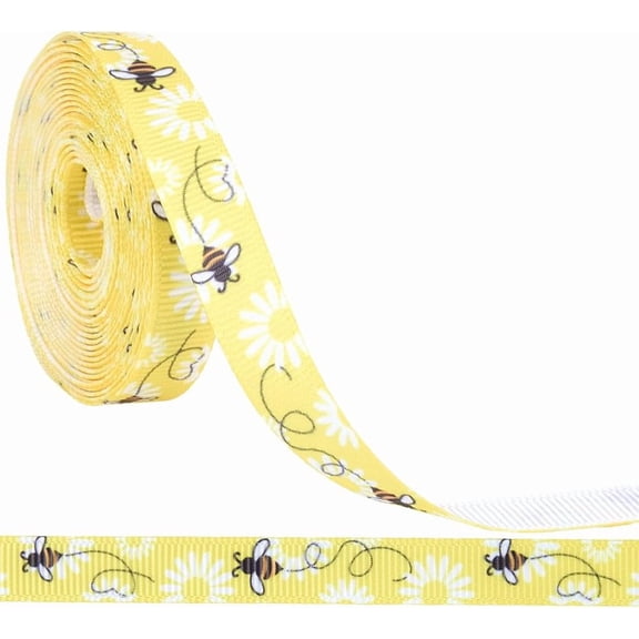 2rolls Polyester Bees Printed Grosgrain Ribbons Gift Wrapping Yellow 3/8 inch(10mm) about 5.00 Yards(4.57m)/Roll