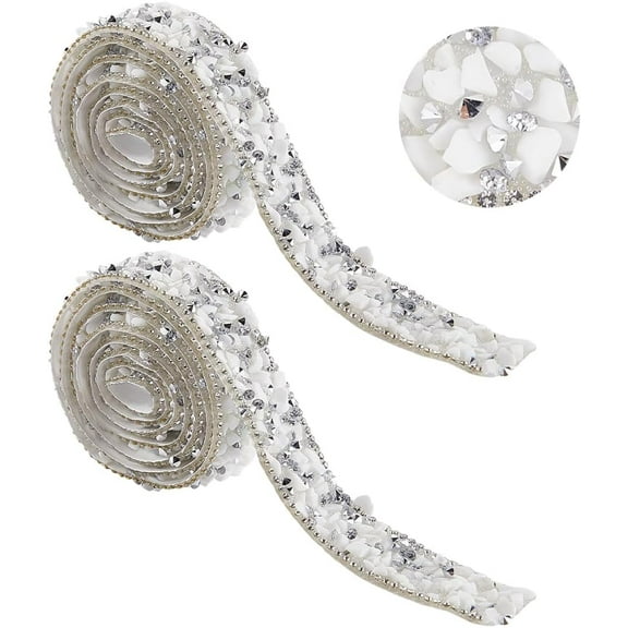 2rolls Resin Rhinestone Crystals Beaded Trim Iron On Patch Hotfix Ribbon with Adhesive Back for Art Craft Sewing White 3/4x1/4 inch(20.5x5mm)