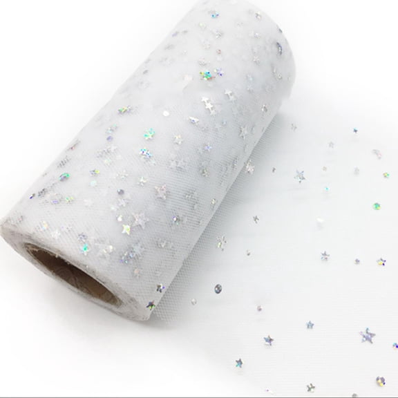 2rolls Sparkle Polyester Tulle Fabric rolls Mesh Ribbon Spool with Silver Tone Star & Moon & Sun Sequins for Wedding and Decoration WhiteSmoke 5-7/8 inch(150mm) about 25 Yards/Roll