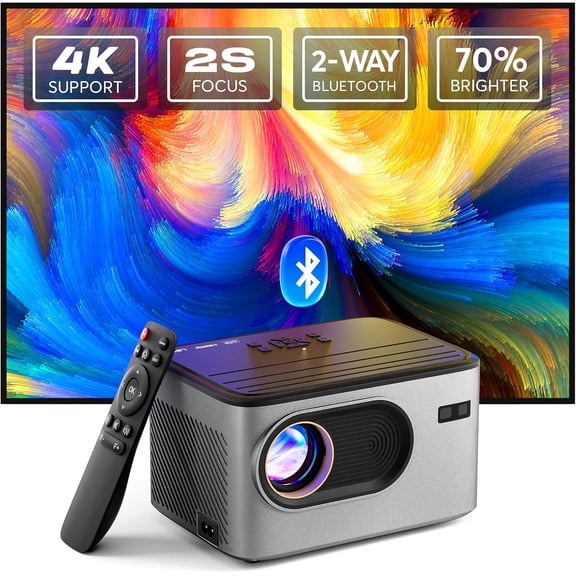 [2s Focus Remote] 4K Projector Native 1080P Outdoor Movie Projector, Bluetooth 5.2 Portable Mini Projector for Home Theater, Compatible with Smartphone/HDMI/USB/TV Stick