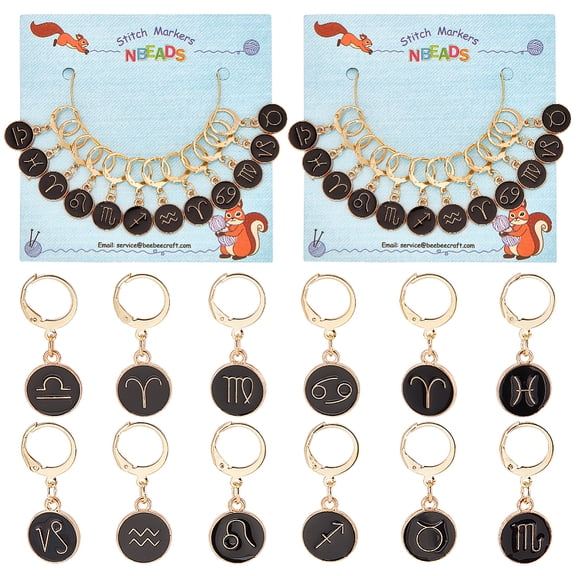 2sets 12pcs 12 Constellations Alloy Enamel Charms Locking Stitch Makers with Golden 304 Stainless Steel Leverback Earring Findings Black 32mm Pin: 1x0.8mm 1pc/style