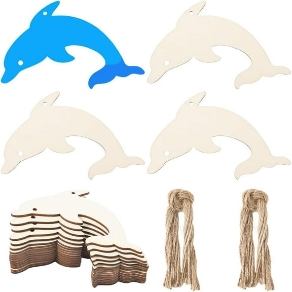 2sets 20Pcs Dolphin Blank Wood Cutout 3.2x3.5 Inch Unfinished Wooden Slices Wood Gift Tags Hanging Ornaments with Hole Hemp Ropes for DIY Crafts Summer Beach Nautical Sea Theme Wedding Party
