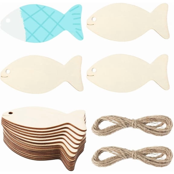 2sets 20Pcs Unfinished Wooden Fish 3.9x1.8 Inch Blank Wood Cutouts Slices with Hole Fish Shaped Wooden Gift Tags with 2pcs 2m Hemp Ropes for Summer Beach Nautical Christmas Wedding Home Decor