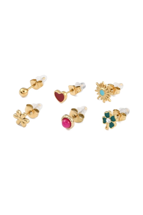 2sets 304 Stainless Steel Rhinestone Stone Dyeing Stud Earrings Mixed Shapes Mixed color 5-10.5x5-10.5mm