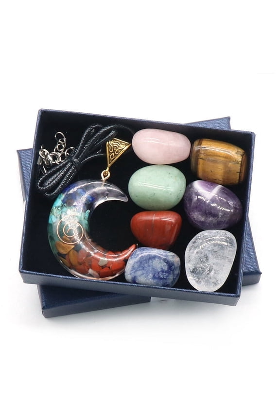 2sets 7 Chakra Tumbled Stone & Moon Pendant Necklace Mixed Natural Gemstone Healing Stones set Reiki Energy Stone Display Decorations 40x35mm 8pcs/set