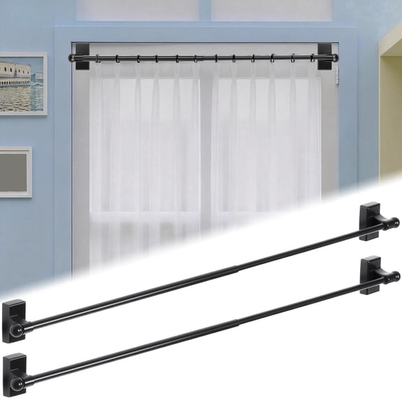 2sets Adjustable Magnetic Curtain Rod for Metal Door 17.3 to 33.4 Inch Multi Use Adjustable Appliance Magnetic Rod for Window Frame Cabinet Refrigerator Dishwasher,Black