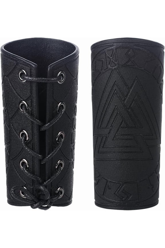 2sets Adjustable PU Leather Cord Bracelet with Wax Cord Words Odin Norse Amulet Gauntlet Wristband Cuff Wrist Guard for Men Black 7-1/4 inch(18.5cm)