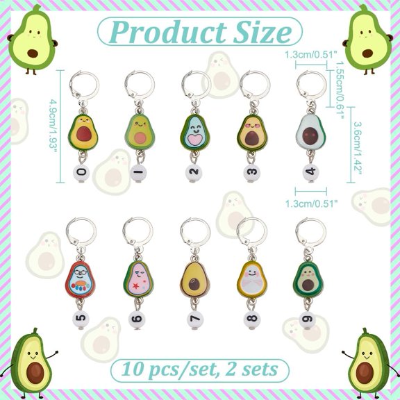 2sets Alloy Enamel & Acrylic Locking Stitch Markers Brass Leverback Earring Stitch Marker Avocado with Number Mixed color 4.9cm 10 style 1pc/style 10pcs/set