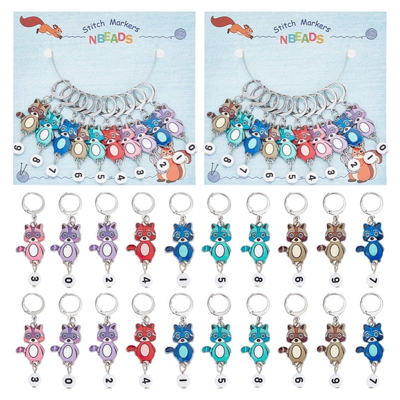2sets Alloy Enamel & Acrylic Pendant Locking Stitch Markers 304 Stainless Steel Leverback Earring Stitch Marker Raccoon with Number Mixed color 5cm 10pcs/set