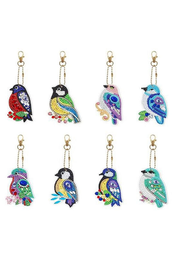 2sets Bird Painting Keychain Kit Including Acrylic Board Keychain Clasp Bead Chain Resin Rhinestones bag Sticky Pen Tray Plate and Glue Clay Colorful 80x60mm 8pcs/set