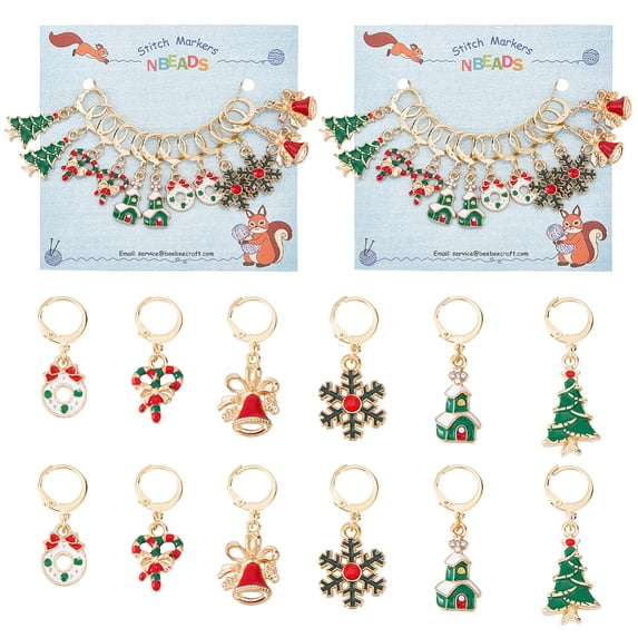 2sets Christmas Theme Alloy Enamel Charm Locking Stitch Markers Golden Tone 304 Stainless Steel Clasp Stitch Marker Tree/Bell/Wreath Mixed color 3.1~4.2cm 6 style 2pcs/style 12pcs/set