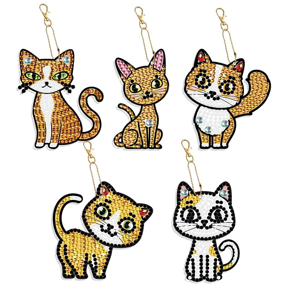 2sets DIY DIY 5Pcs Diamond Painting Keychain Kit Resin Rhinestones Bag Diamond Sticky Pen Tray Plate and Glue Clay Cat Pattern