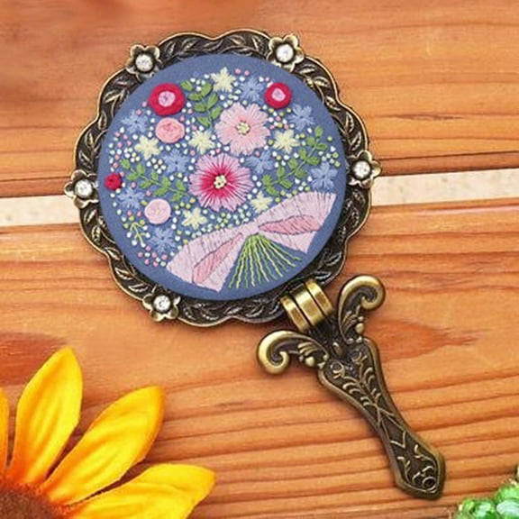 2sets Foldable Handheld Mirror Embroidery Starter Kit including Plastic Embroidery Frame Cloth Iron Needle Threads Brass Mirror Aluminum Findings Flower Pattern 7pcs/set