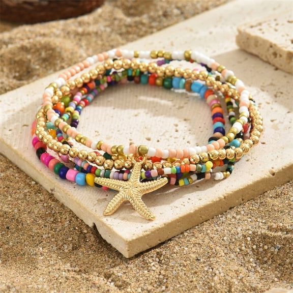 2sets Multilayer Glass Seed Beads Starfish Pendant Anklet for Women Colorful Inner Diameter: 2-3/8 inch(6cm) 6pcs/set
