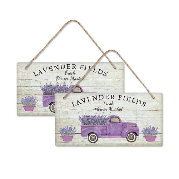 2sets Natural Wood Hanging Wall Decorations with Jute Twine Rectangle Lilac Car Pattern 15x30x0.5cm Mixed Color