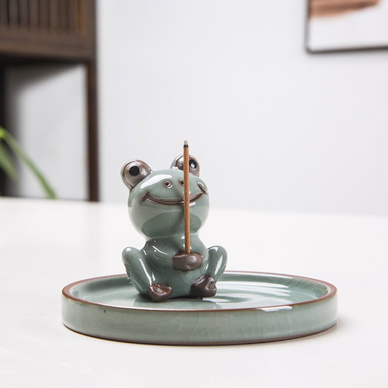 2sets Porcelain Incense Burners Flat Round with Frog Incense Holders Home Office Teahouse Zen Supplies Dark Sea Green 100x60mm DIY