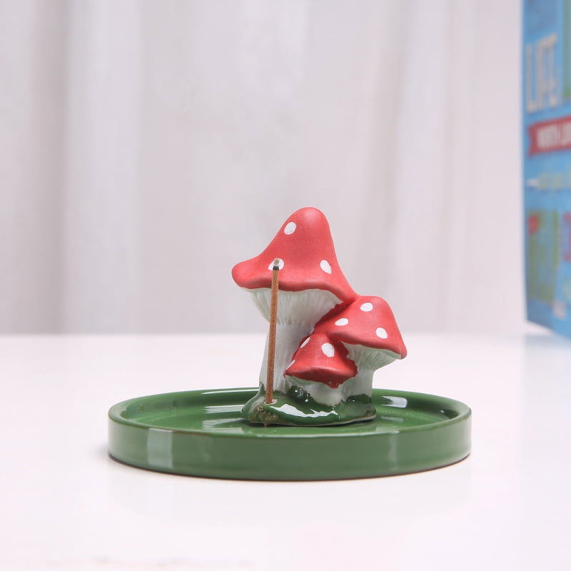 2sets Porcelain Incense Burners Flat Round with Mushroom Incense Holders Home Office Teahouse Zen Supplies Sea Green 100x80mm