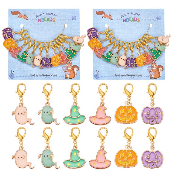 2sets Theme Alloy Enamel Hat Pumpkin Charm Locking Stitch Markers Zinc Alloy Lobster Claw Clasps Locking Stitch Marker Mixed color 3.7~4cm 12pcs/set
